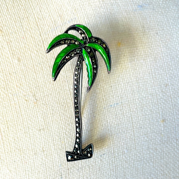 Vintage Sterling Silver Palm Tree Brooch Pin Green Enamel Leaves - Picture 6 of 7